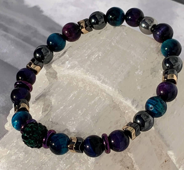 New York Minute Bracelets Gaia's Designs glam, healing, hematite, rhinestone, semi precious, stretch, tiger's eye