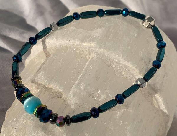 Refined Beauty Bracelets Gaia's Designs cat's eye, glam, glass, healing, hematite, semi-precious, stretch