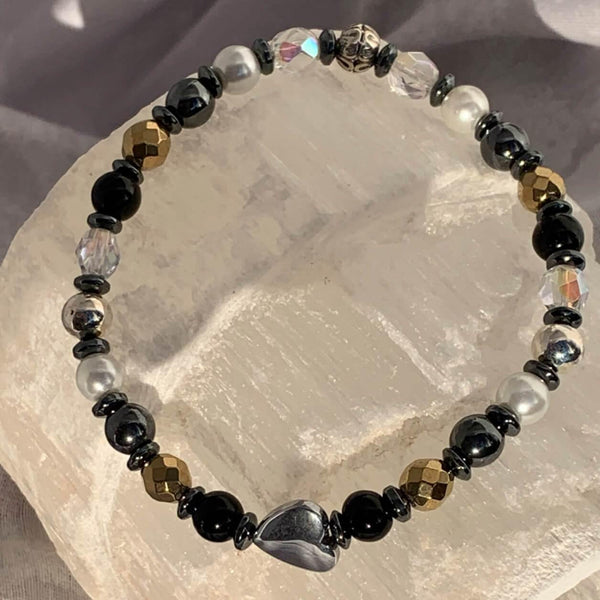 Heart's Delight Bracelets Gaia's Designs charm, healing, hematite, pearl, stretch