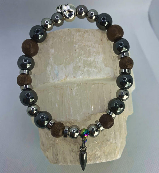 Hard Wired Bracelets Gaia's Designs charm, gunmetal, healing, hematite, stainless, stretch, wood