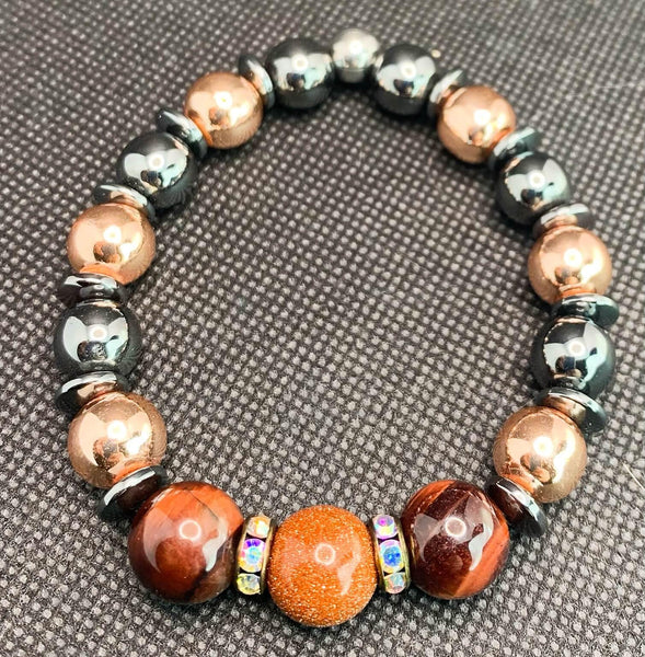 Rose Gold Shimmers Bracelets Gaia's Designs glass, goldstone, healing, hematite, semi precious, stretch, tiger's eye, unisex