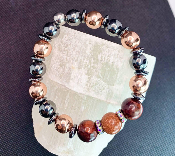 Rose Gold Shimmers Bracelets Gaia's Designs glass, goldstone, healing, hematite, semi precious, stretch, tiger's eye, unisex