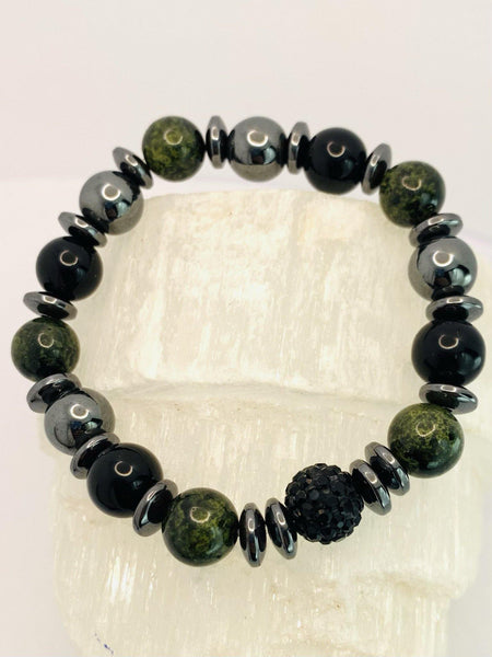Green & Black Statement Bracelets Gaia's Designs glam, healing, hematite, quartz, semi precious, stretch, unisex