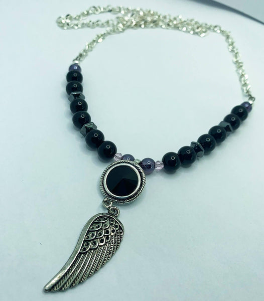 Winged Believer Necklaces Gaia's Designs charm, healing, hematite, onyx, stainless