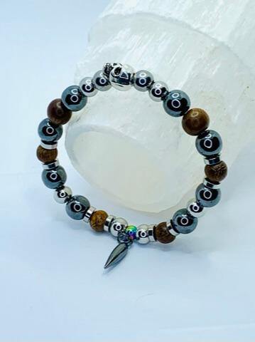 Hard Wired Bracelets Gaia's Designs charm, gunmetal, healing, hematite, stainless, stretch, wood