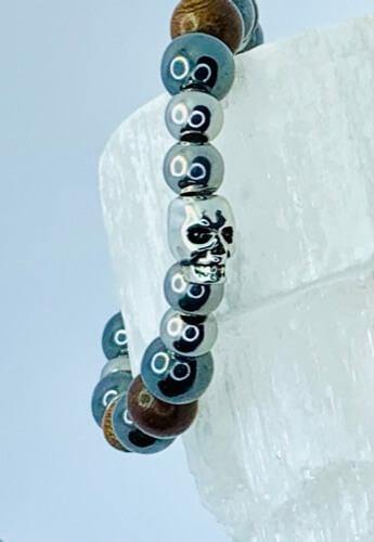 Hard Wired Bracelets Gaia's Designs charm, gunmetal, healing, hematite, stainless, stretch, wood