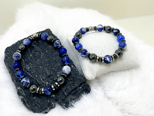 Oceans Bracelets Gaia's Designs couples, duo, healing, hematite, set, sodalite, stainless, stretch