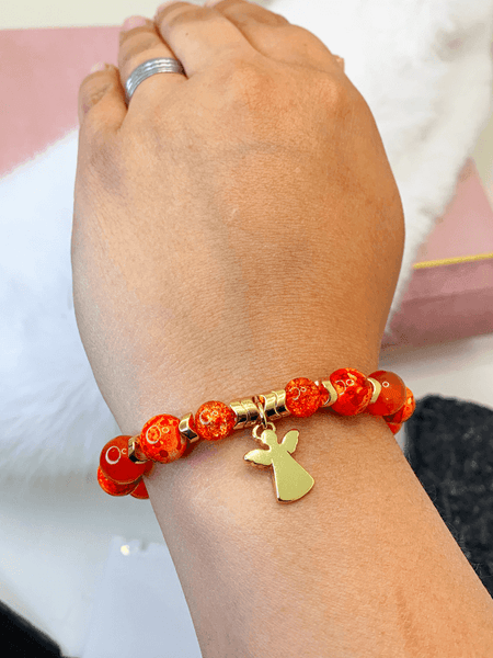 Angel Bracelet- Gold Bracelets Gaia's Designs charm, fire agate, glass, healing, hematite, Métis, stretch