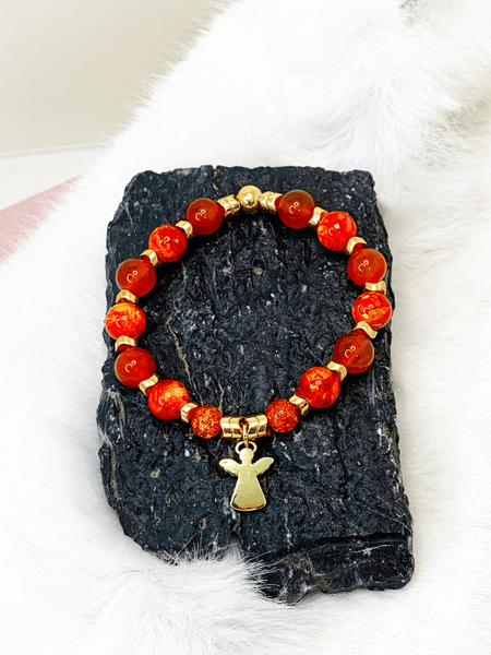 Angel Bracelet- Gold Bracelets Gaia's Designs charm, fire agate, glass, healing, hematite, Métis, stretch
