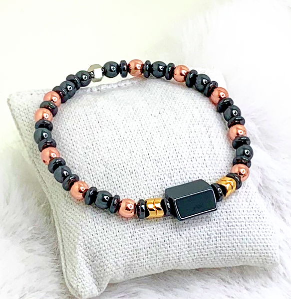 Black & Gold Bracelets Gaia's Designs charm, healing, hematite, rose gold, semi precious, stretch