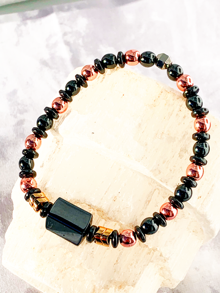 Black & Gold Bracelets Gaia's Designs charm, healing, hematite, rose gold, semi precious, stretch