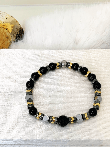 Chic 'n More Bracelets Gaia's Designs black onyx, bracelet, glam, healing, hematite, large bead, rhinestone, stretch