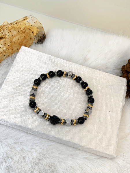 Chic 'n More Bracelets Gaia's Designs black onyx, bracelet, glam, healing, hematite, large bead, rhinestone, stretch