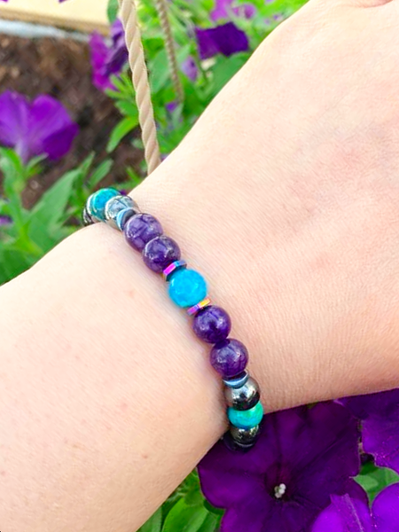 Charming Healer Bracelets Gaia's Designs agate, healing, hematite, medium bead, stretch, turquoise