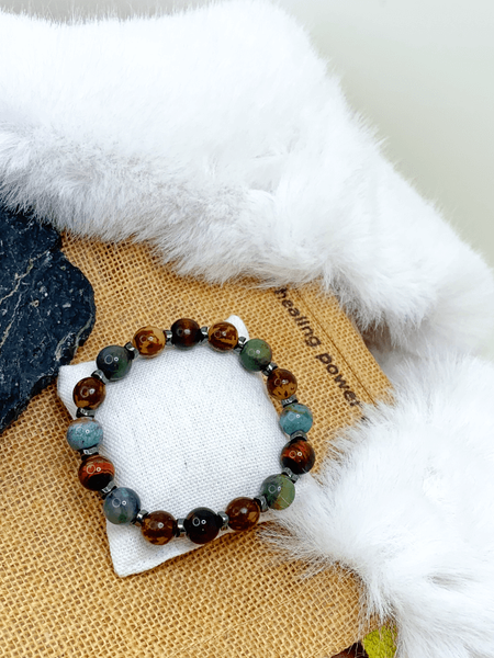 Earth Shades Bracelets Gaia's Designs agate, hematite, Men's, red tigers eye, stretch