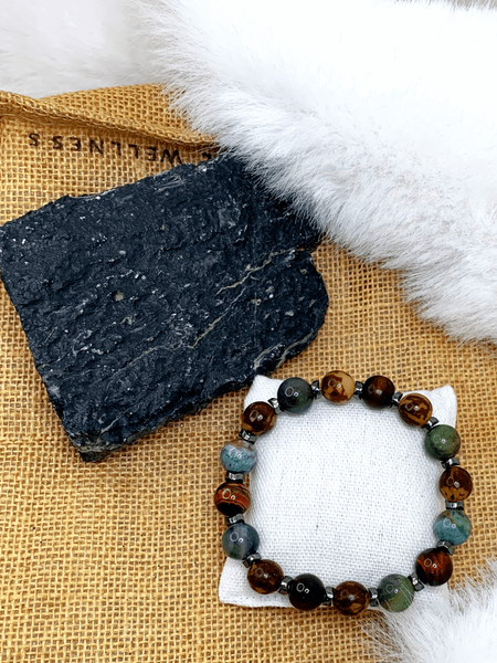 Earth Shades Bracelets Gaia's Designs agate, hematite, Men's, red tigers eye, stretch