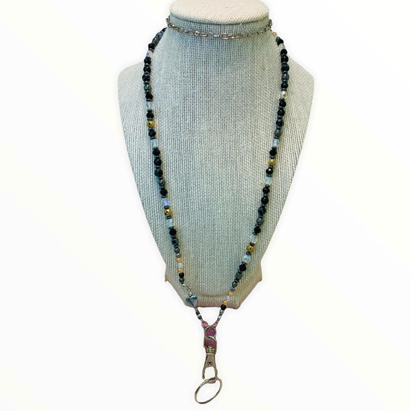 Lanyard 1 Necklaces Gaia's Designs crystal, glam, hematite, high fashion, lanyard
