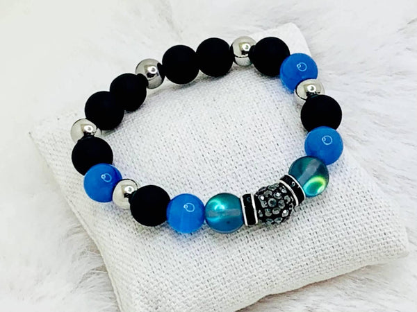 Moods Gone Blue Bracelets Gaia's Designs cat's eye, glam, healing, hematite, moonstone, stretch