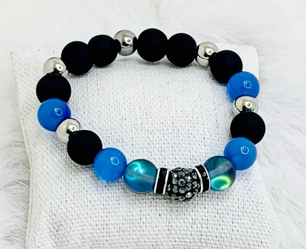 Moods Gone Blue Bracelets Gaia's Designs cat's eye, glam, healing, hematite, moonstone, stretch