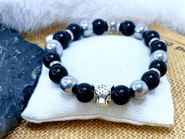 Night Cheetah Bracelets Gaia's Designs healing, hematite, jasper, large bead, mens line, stainless, stretch