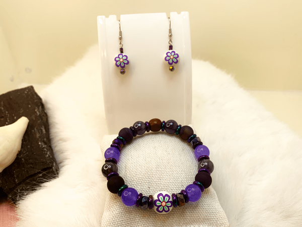 The Purples Plus Bracelet/Earrings Gaia's Designs agate, clay, crystal, drop style, earring/bracelet, glam, glass, healing, hematite, quartz, sets, stretch