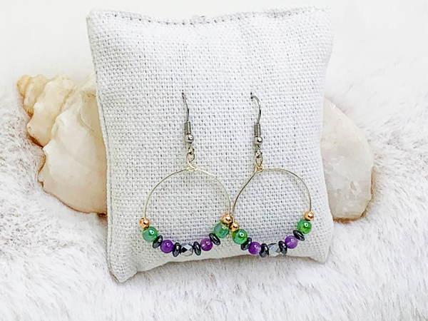 Spring Fling Earrings Gaia's Designs Amethyst, glass, hematite, hoops, hypoallergenic