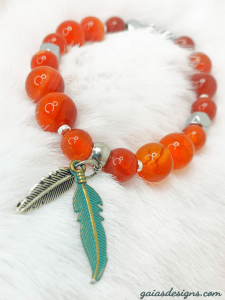 Two Feathers Bracelets Gaia's Designs 215, charm, fire agate, healing, hematite, stretch