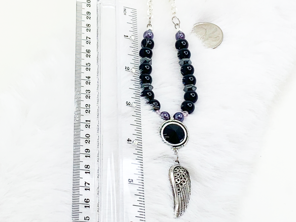 Winged Believer Necklaces Gaia's Designs charm, healing, hematite, onyx, stainless