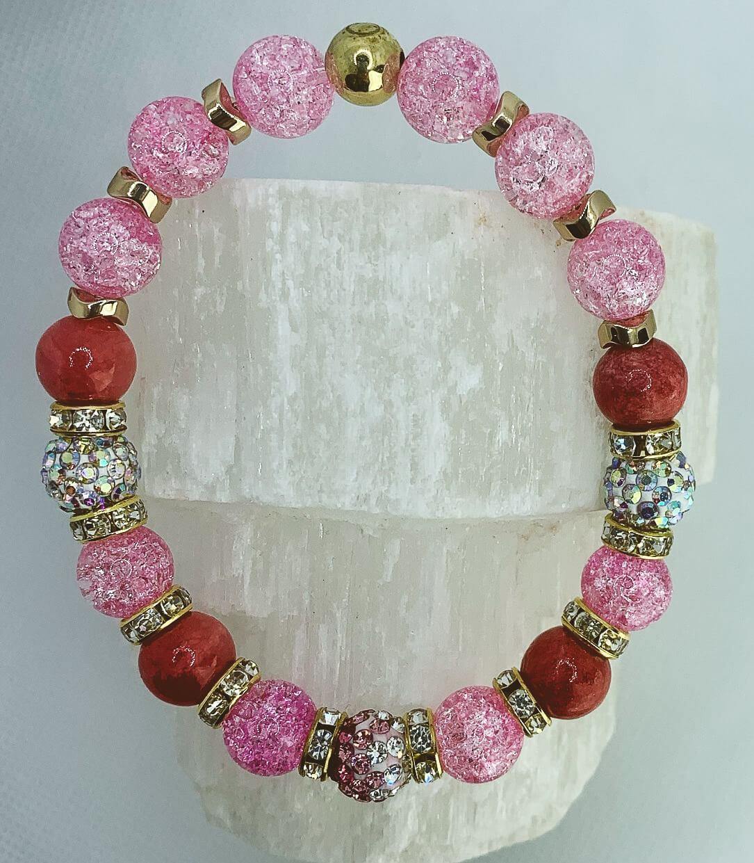 Heavenly Pink Bracelets Gaia's Designs glam, healing, hematite, rhinestone, rose quartz, semi-precious, stretch