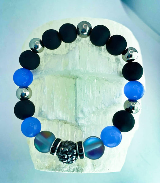 Moods Gone Blue Bracelets Gaia's Designs cat's eye, glam, healing, hematite, moonstone, stretch