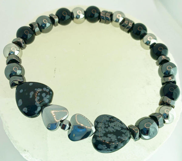 Charming Hearts Bracelets Gaia's Designs healing, hematite, obsidian, onyx, stretch