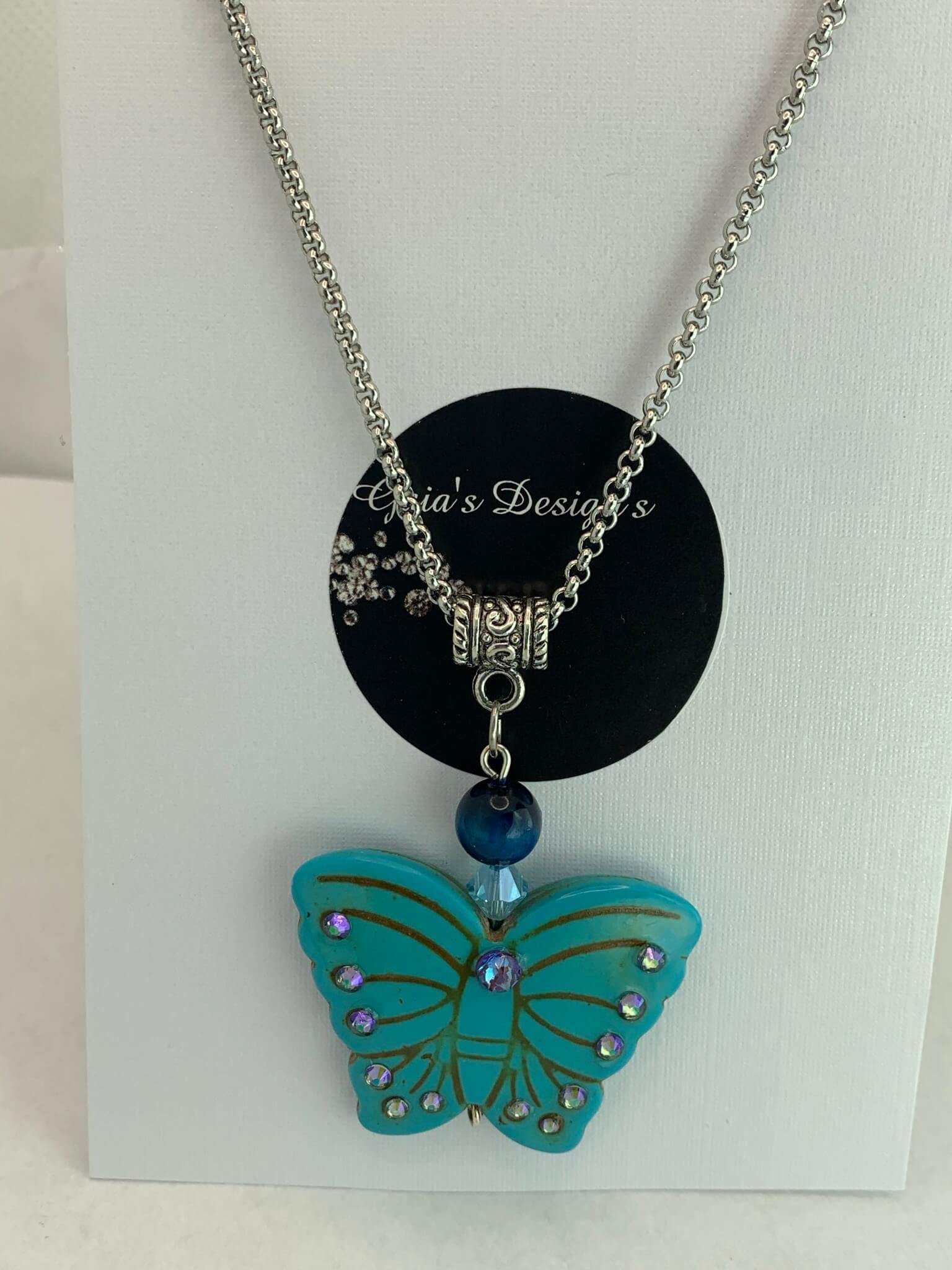 Blue Butterfly Necklace/Earrings Gaia's Designs drop, earring, rhinestone, set, stainless, Swarovski, tiger's eye