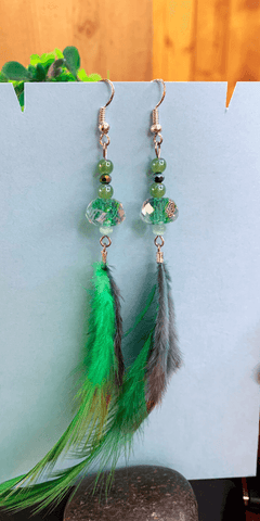 Green Feather Earrings Gaia's Designs cat's eye, earring, earrings, feather, hooks, stainless steel, statement, Summer