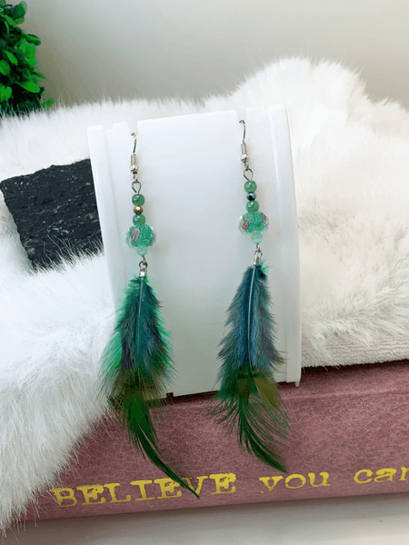Green Feather Earrings Gaia's Designs cat's eye, earring, earrings, feather, hooks, stainless steel, statement, Summer