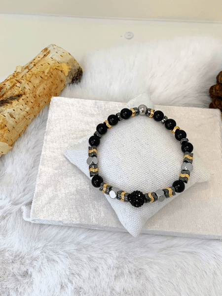 Chic 'n More Bracelets Gaia's Designs black onyx, bracelet, glam, healing, hematite, large bead, rhinestone, stretch