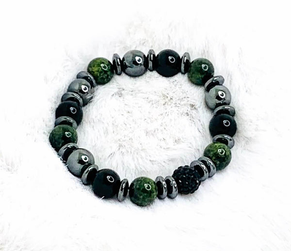 Green & Black Statement Bracelets Gaia's Designs glam, healing, hematite, quartz, semi precious, stretch, unisex