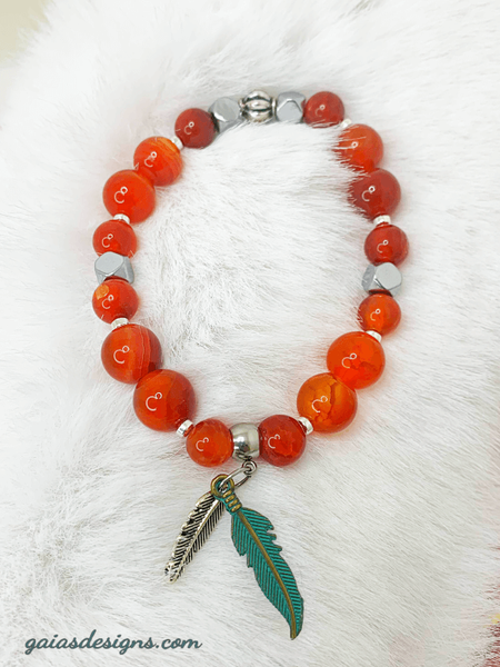 Two Feathers Bracelets Gaia's Designs 215, charm, fire agate, healing, hematite, stretch
