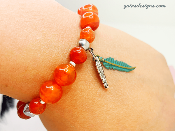 Two Feathers Bracelets Gaia's Designs 215, charm, fire agate, healing, hematite, stretch
